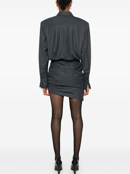 Pinstripe Grey Draped Bodycon Mini Shirt Dress highlighting its stylish design and fit