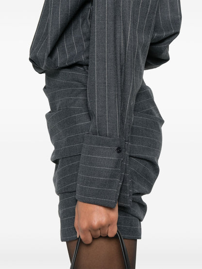 Pinstripe grey draped bodycon mini shirt dress showcasing elegant style and fit