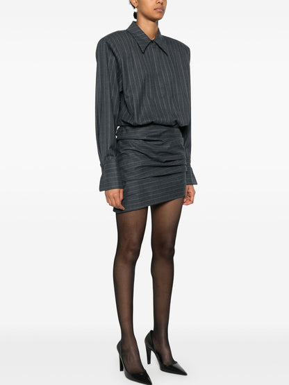 Pinstripe Grey Draped Bodycon Mini Shirt Dress showcasing stylish design and elegant fit