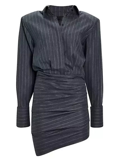 Pinstripe Grey Draped Bodycon Mini Shirt Dress showcasing stylish draped design