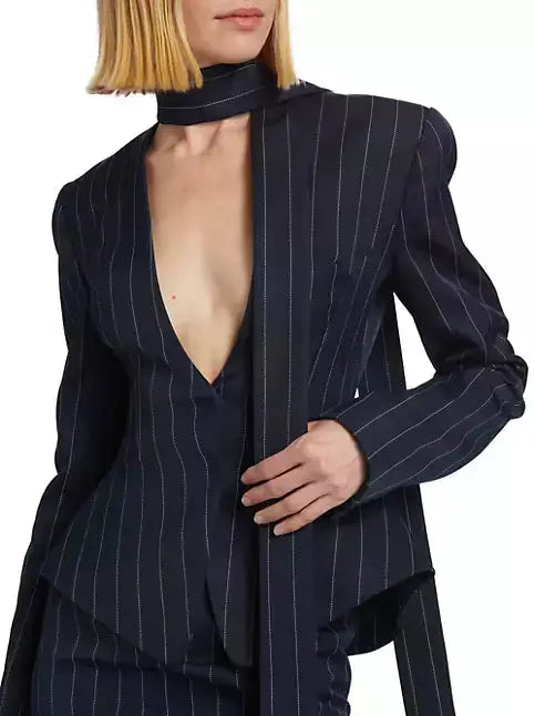 Pinstripe Scarf-Neck Tailored Blazer - Jackets