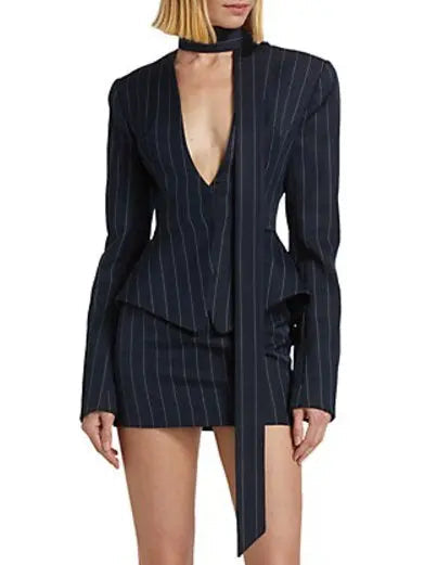 Pinstripe Scarf-Neck Tailored Blazer - Jackets