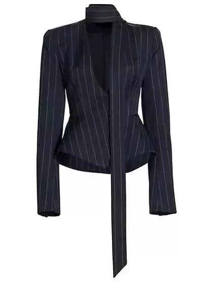 Pinstripe Scarf-Neck Tailored Blazer - Jackets