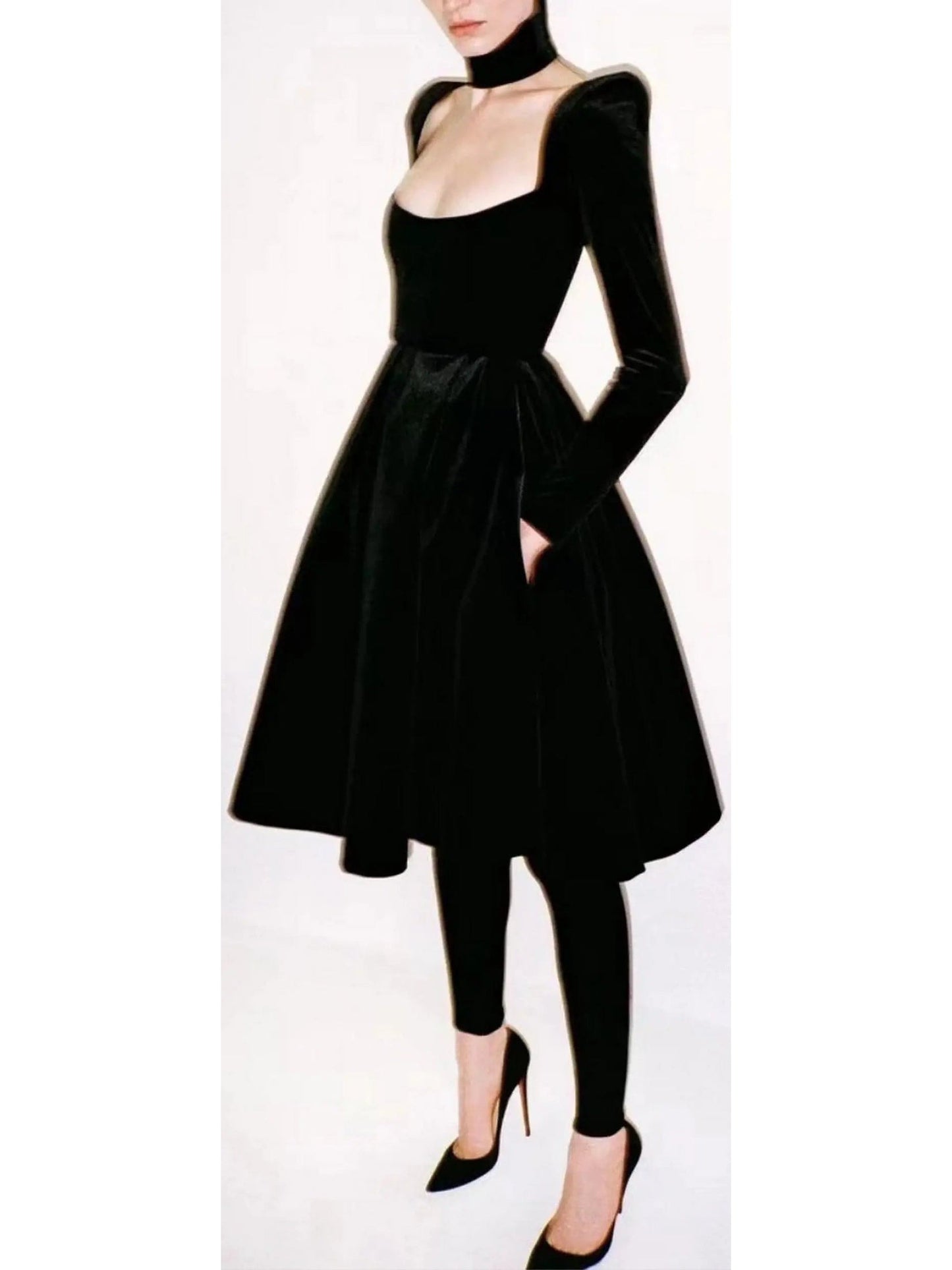 Pleated Black Velvet Midi Dress - Dresses