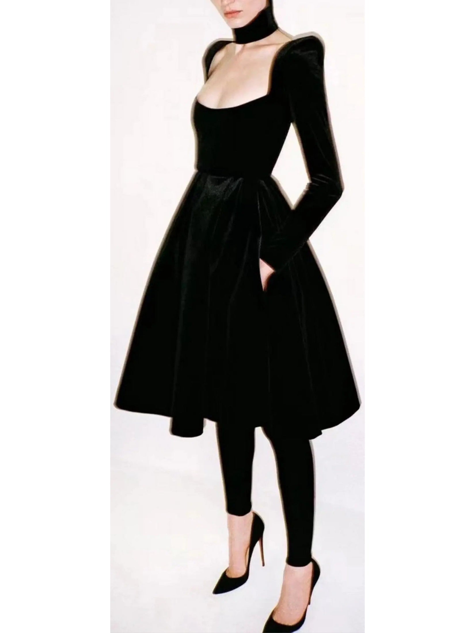 Pleated Black Velvet Midi Dress - Dresses