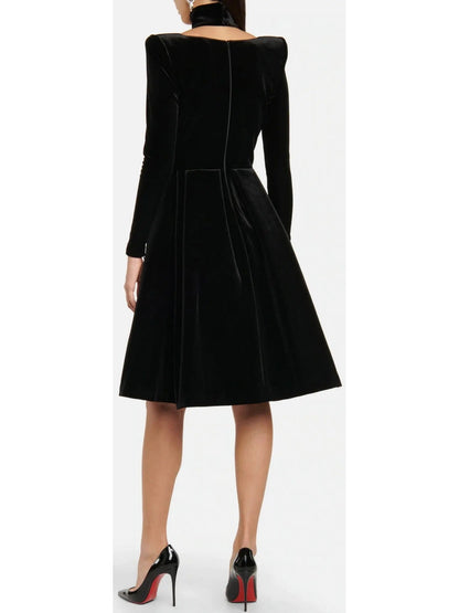 Pleated Black Velvet Midi Dress - Dresses