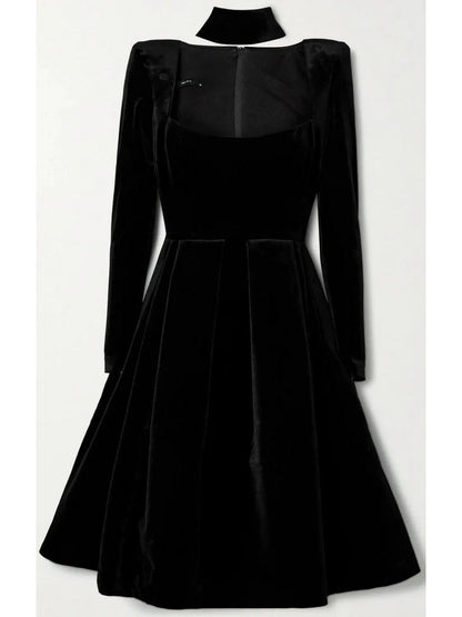 Pleated Black Velvet Midi Dress - Dresses