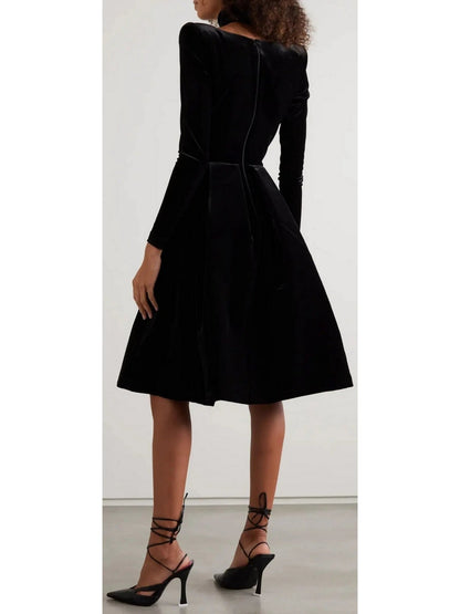 Pleated Black Velvet Midi Dress - Dresses