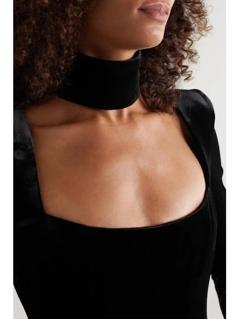 Pleated Black Velvet Midi Dress - Dresses