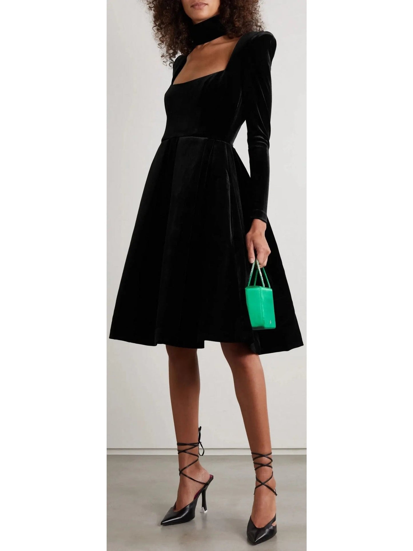 Pleated Black Velvet Midi Dress - Dresses