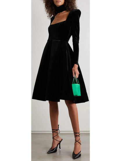 Pleated Black Velvet Midi Dress - Dresses