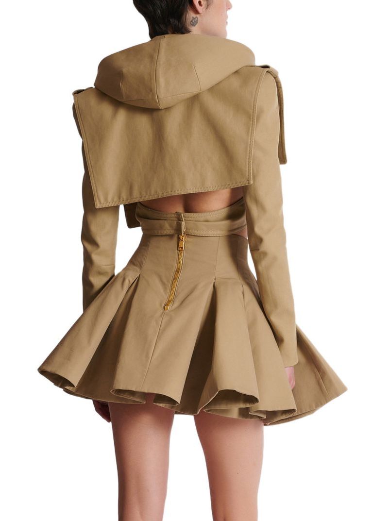 Pleated Flared Mini Skirt in Beige with Gold Spiral Buttons - Skirts