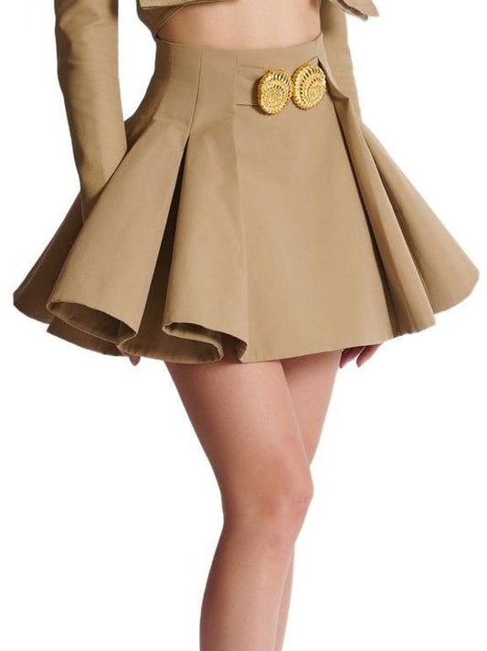 Pleated Flared Mini Skirt in Beige with Gold Spiral Buttons - Skirts