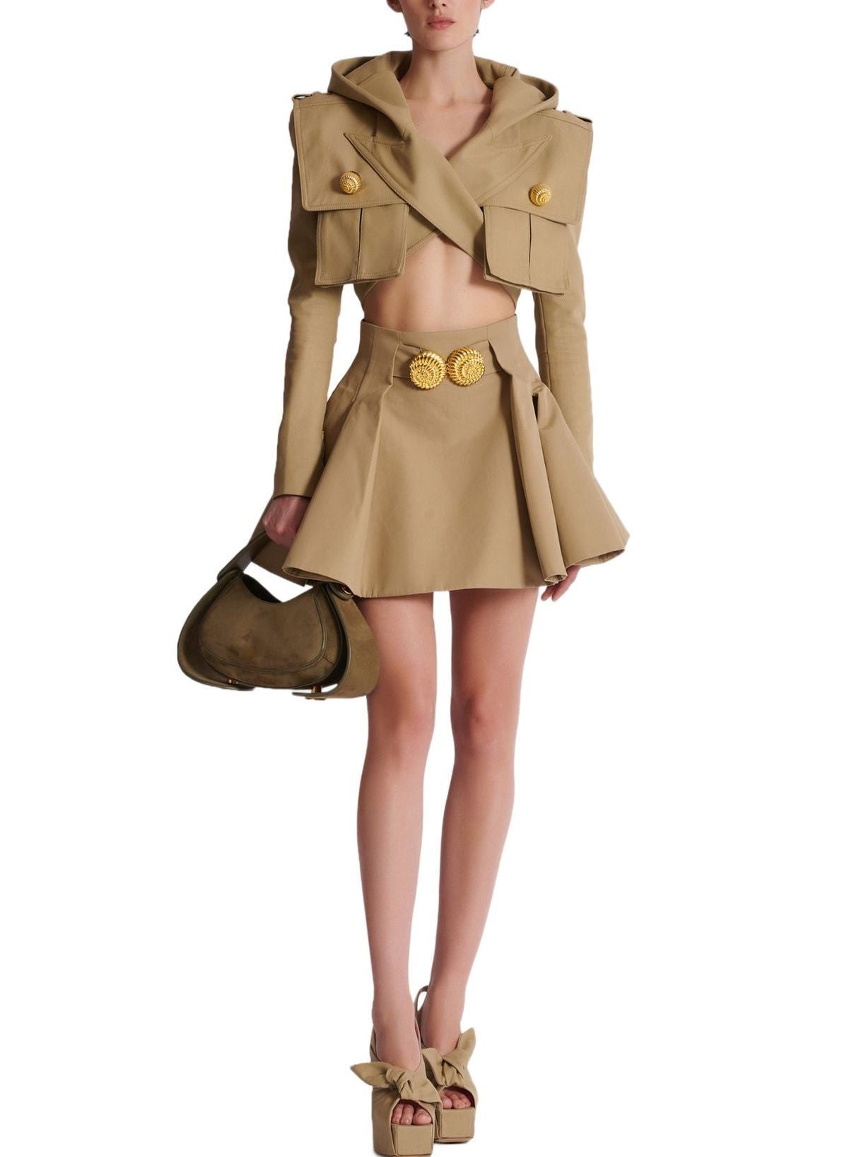 Pleated Flared Mini Skirt in Beige with Gold Spiral Buttons - Skirts