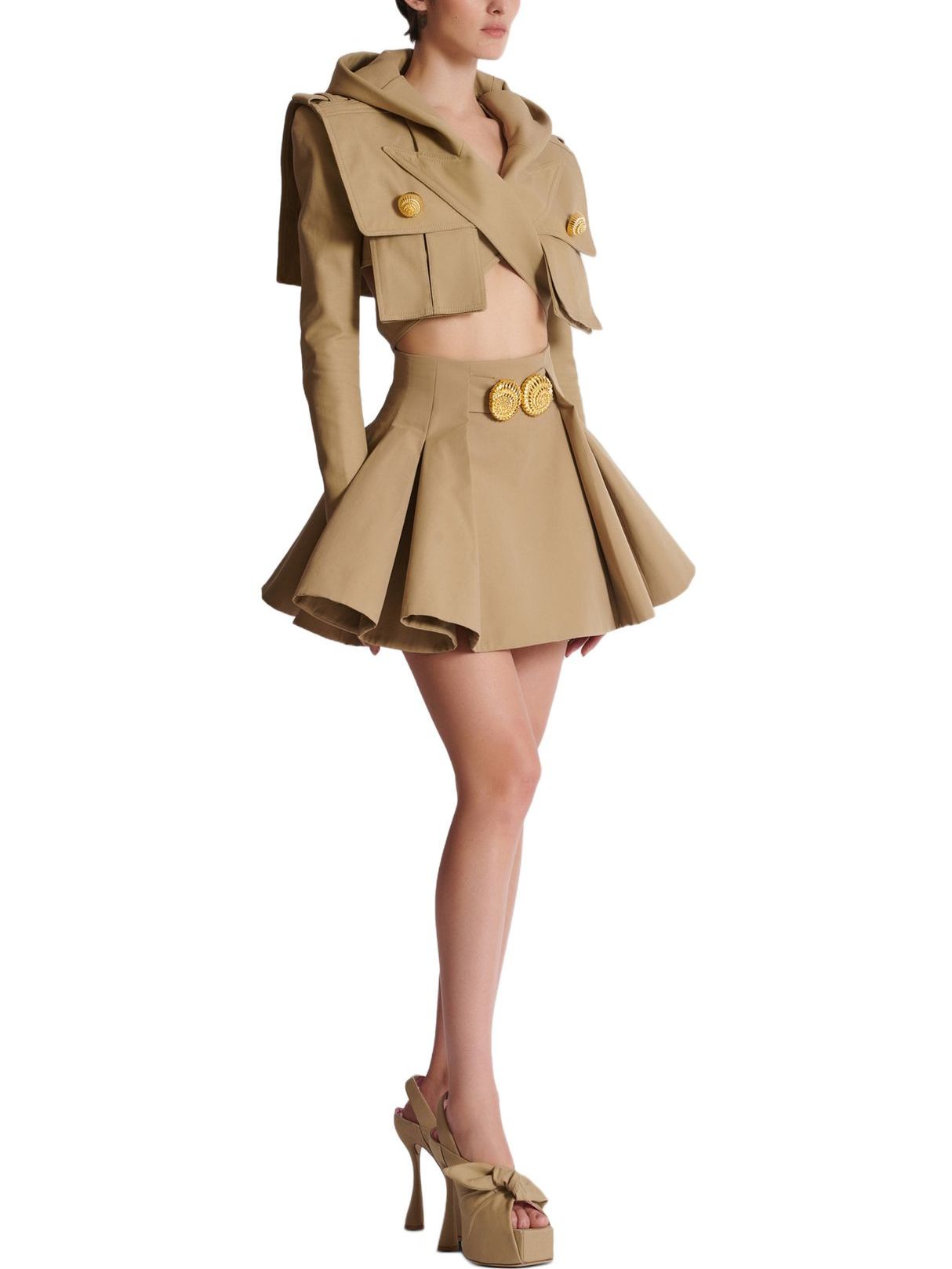 Pleated Flared Mini Skirt in Beige with Gold Spiral Buttons - Skirts