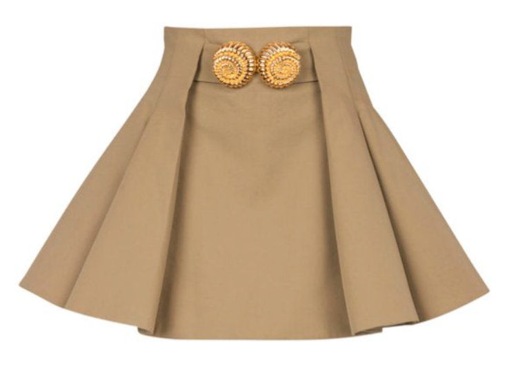 Pleated Flared Mini Skirt in Beige with Gold Spiral Buttons - Skirts