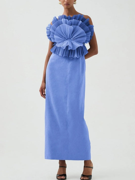 Pleated Frill Bodice Sleeveless Midi Dress - S / Blue - Dresses