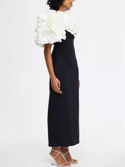 Pleated Frill Ruffle-Shoulder Midi Dress in Black and White - Dresses