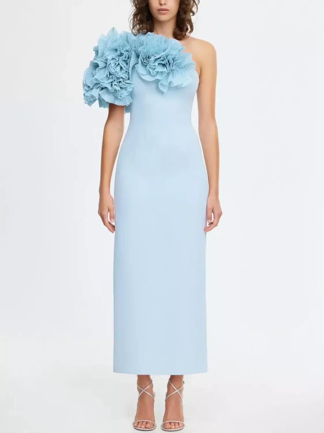 Pleated Frill Ruffle-Shoulder Midi Dress in Cornflower Blue