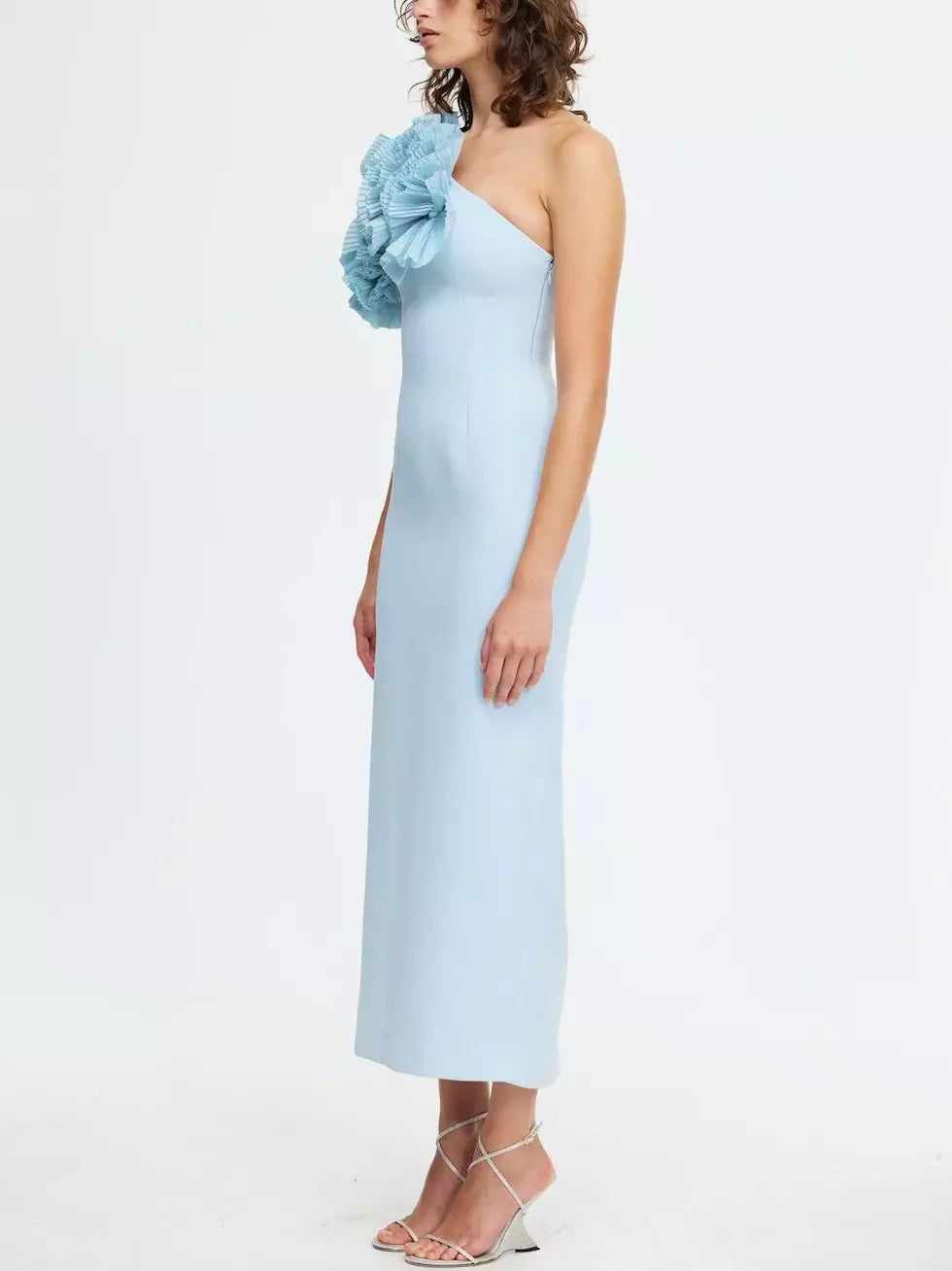 Pleated Frill Ruffle-Shoulder Midi Dress in Cornflower Blue - Dresses