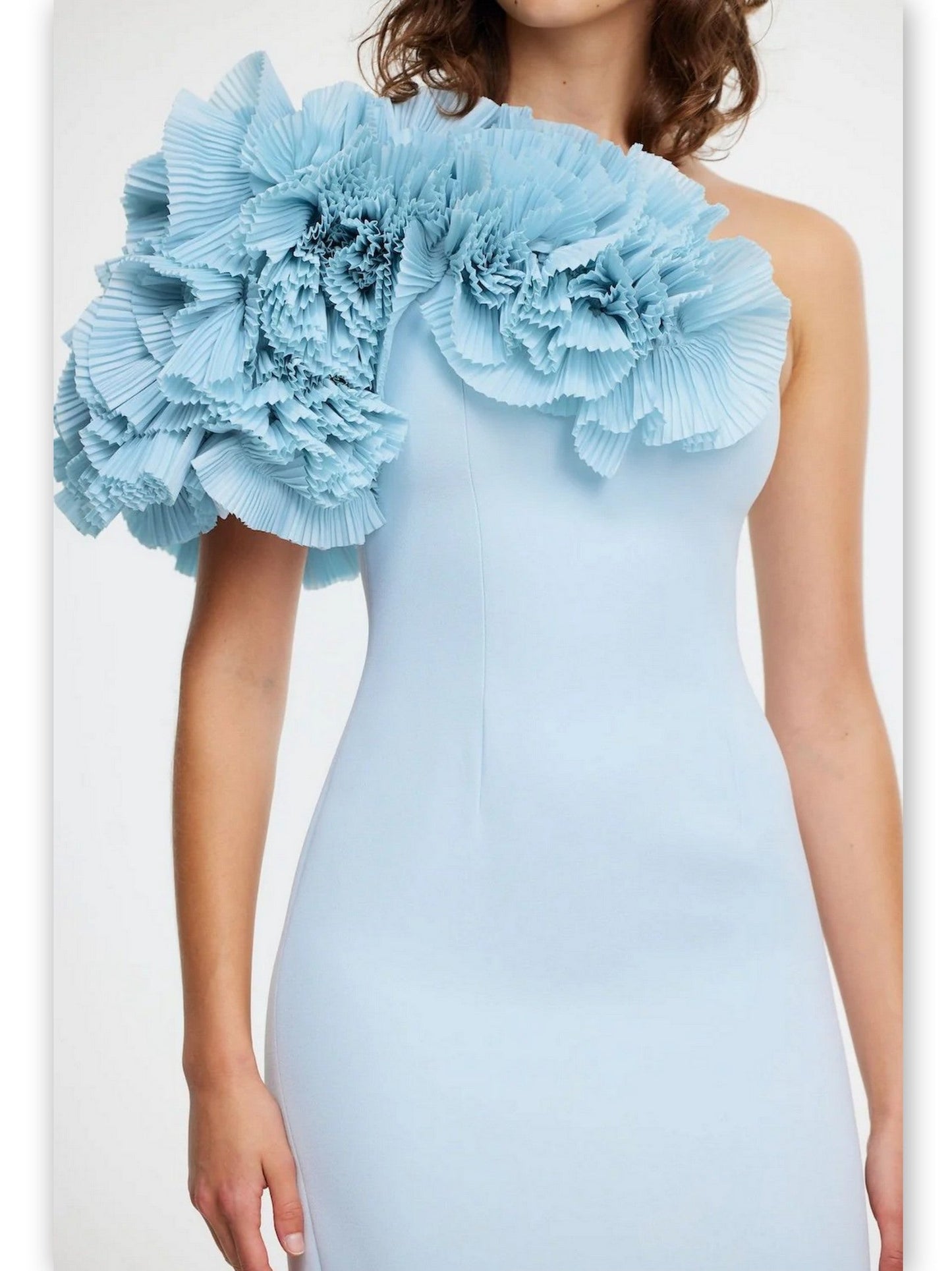 Pleated Frill Ruffle-Shoulder Midi Dress in Cornflower Blue - Dresses