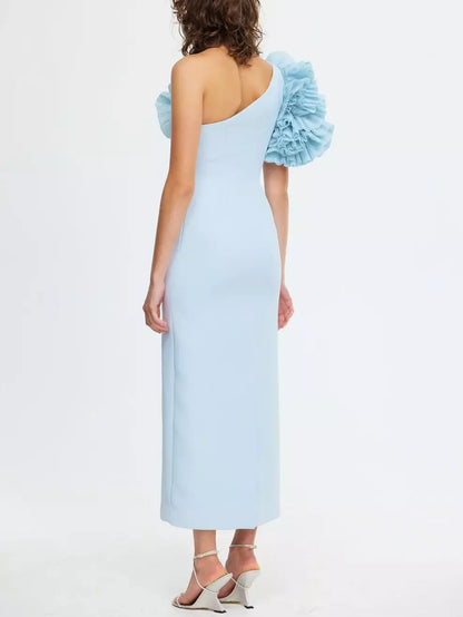 Pleated Frill Ruffle-Shoulder Midi Dress in Cornflower Blue - Dresses