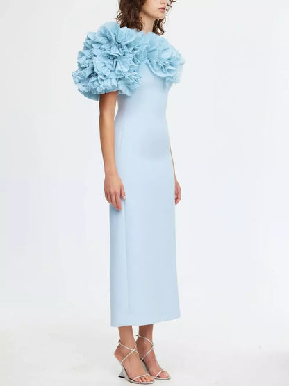 Pleated Frill Ruffle-Shoulder Midi Dress in Cornflower Blue - Dresses