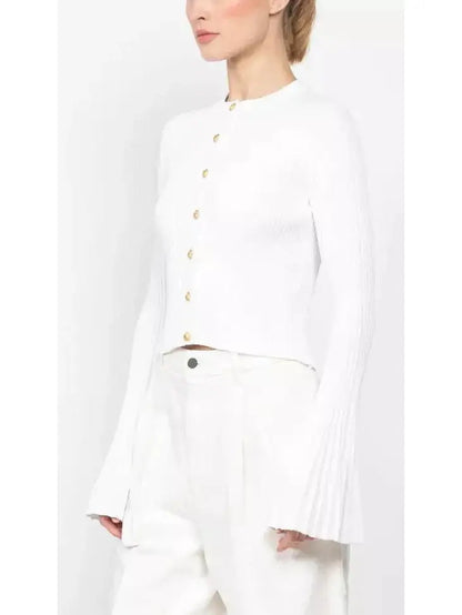 Pleated Ribbed Knit Cardigan with Flared Cuffs in White - Sweaters & Knitwear