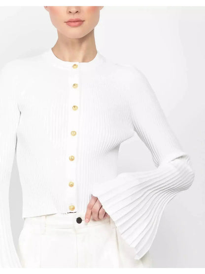 Pleated Ribbed Knit Cardigan with Flared Cuffs in White - Sweaters & Knitwear