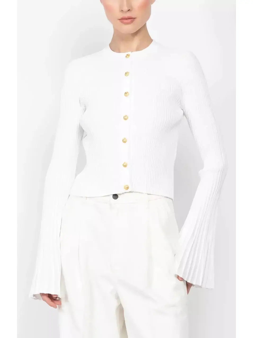 Pleated Ribbed Knit Cardigan with Flared Cuffs in White - Sweaters & Knitwear