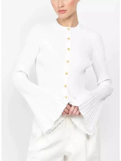 Pleated Ribbed Knit Cardigan with Flared Cuffs in White - Sweaters & Knitwear