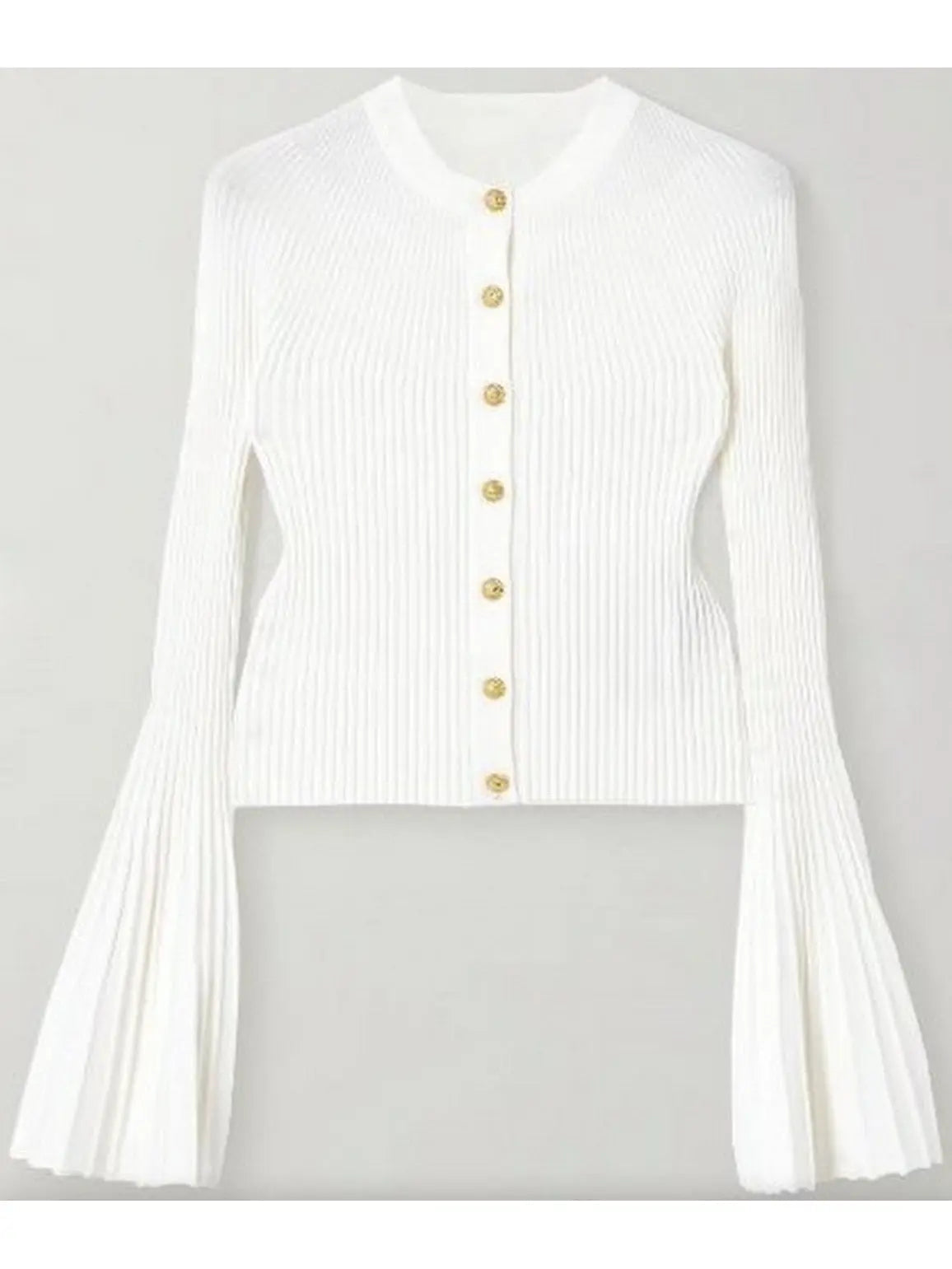 Pleated Ribbed Knit Cardigan with Flared Cuffs in White - Sweaters & Knitwear