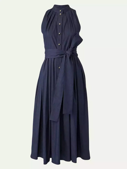 Pleated Self-Tie Sleeveless Midi Dress - Dresses