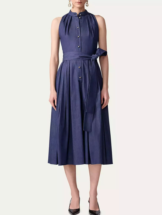 Pleated Self-Tie Sleeveless Midi Dress - S - Dresses