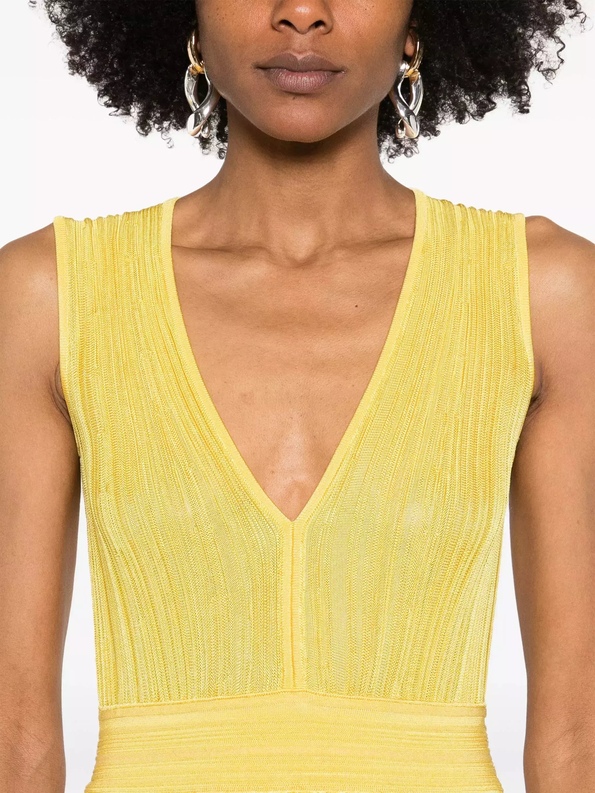 Pleated V-Neck Knit Sleeveless Maxi dress in Yellow - Dresses