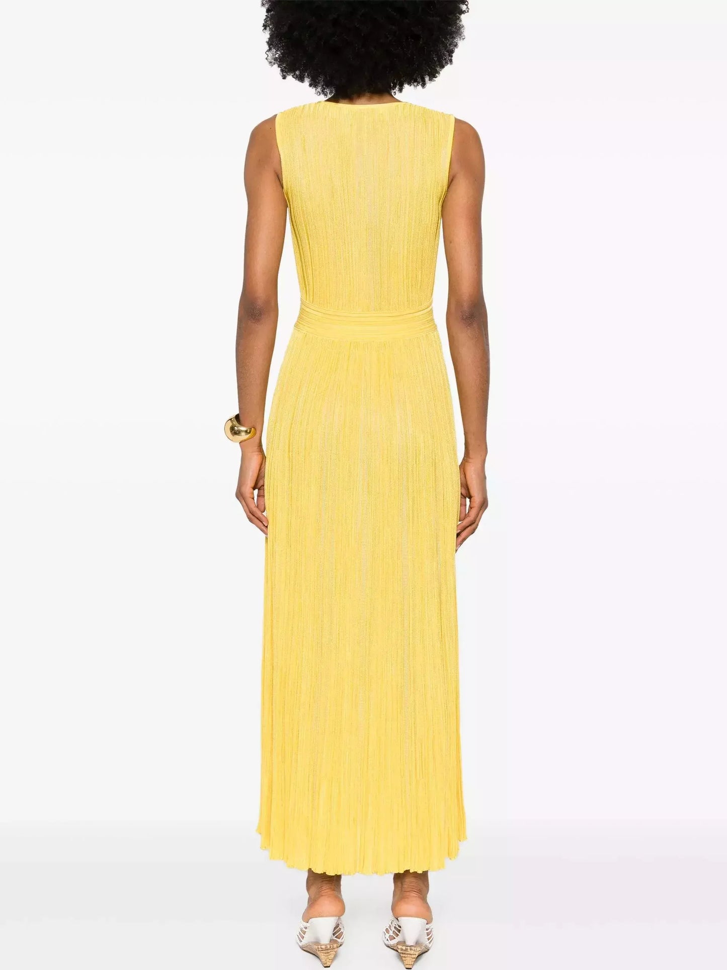 Pleated V-Neck Knit Sleeveless Maxi dress in Yellow - Dresses