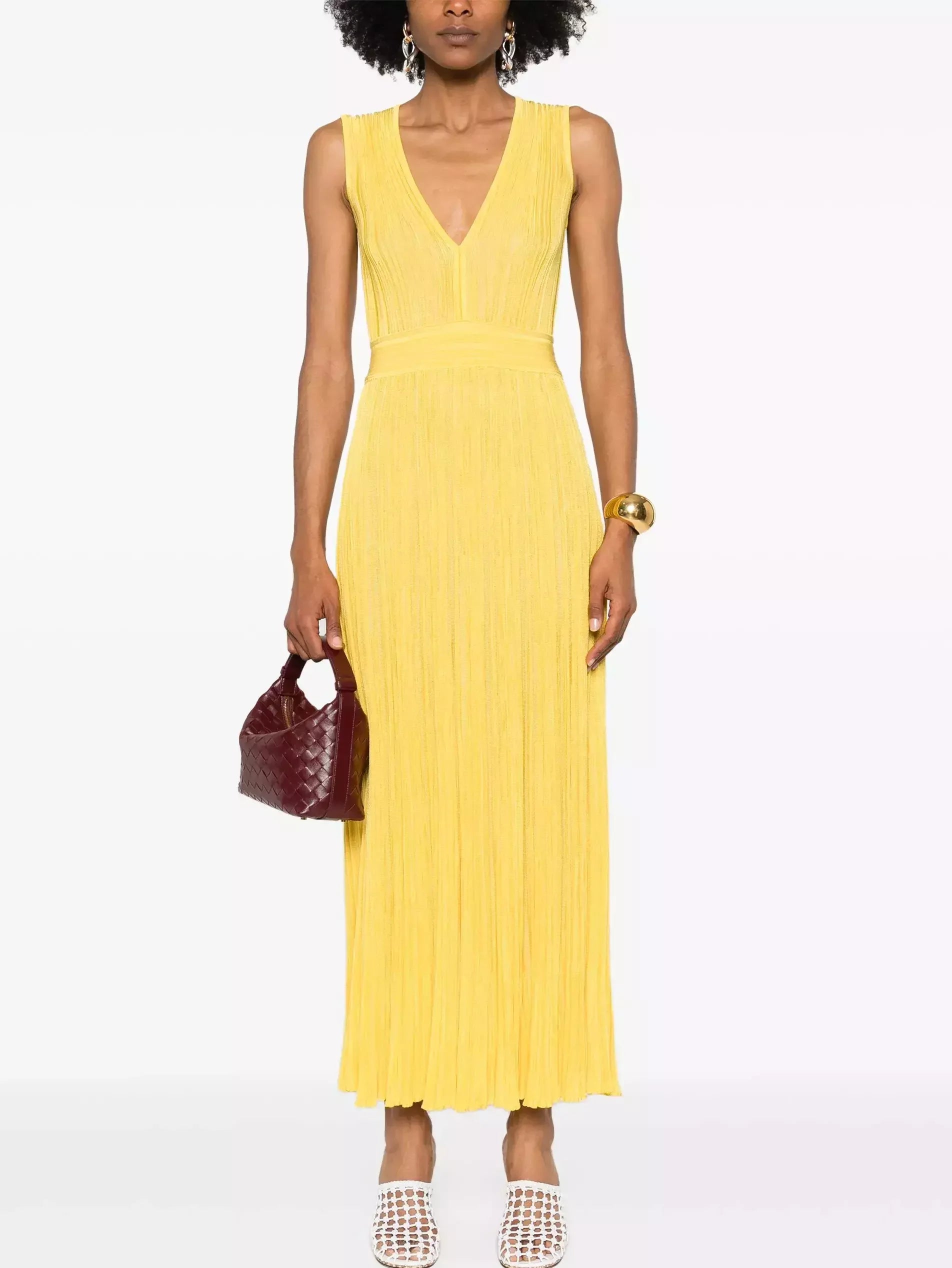 Pleated V-Neck Knit Sleeveless Maxi dress in Yellow - S - Dresses