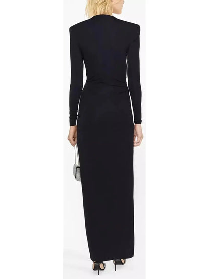 Plunge-Neck Draped Gown Black - Dresses