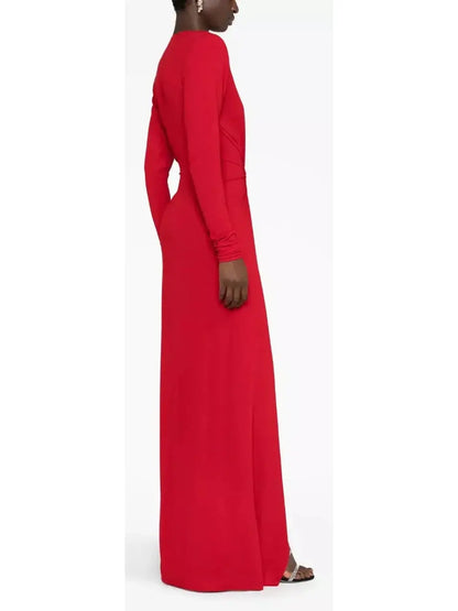 Plunge-Neck Draped Gown Red