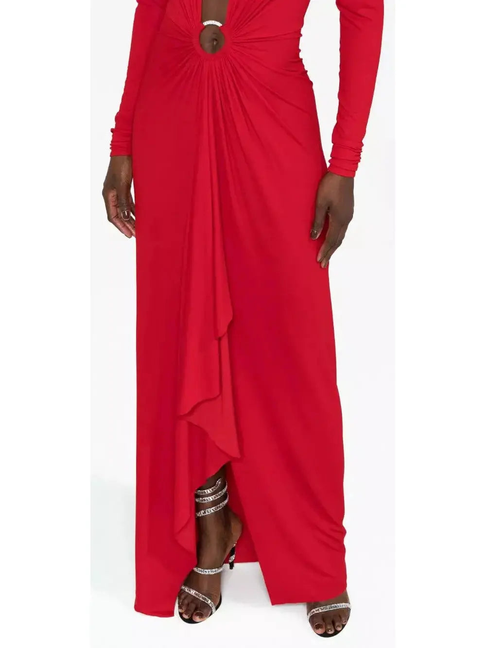 Plunge-Neck Draped Gown Red