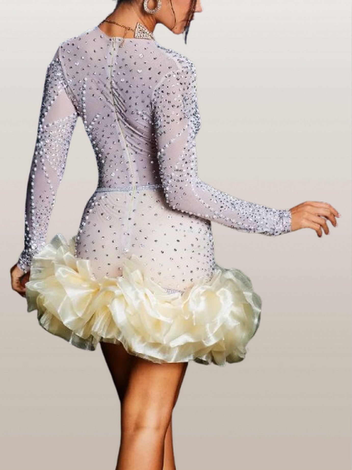 Plunge-Neck Embellished Ruffle-Hem Mini Dress - Dresses