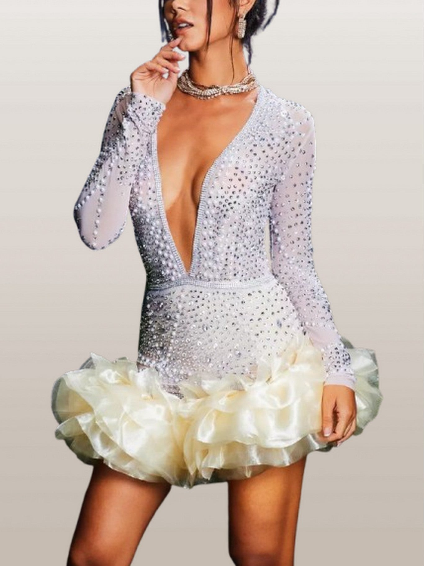 Plunge-Neck Embellished Ruffle-Hem Mini Dress - Dresses