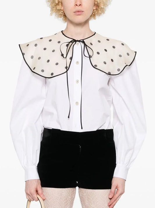 Polka-Dot Bib-Collar White Cotton Shirt - Tops
