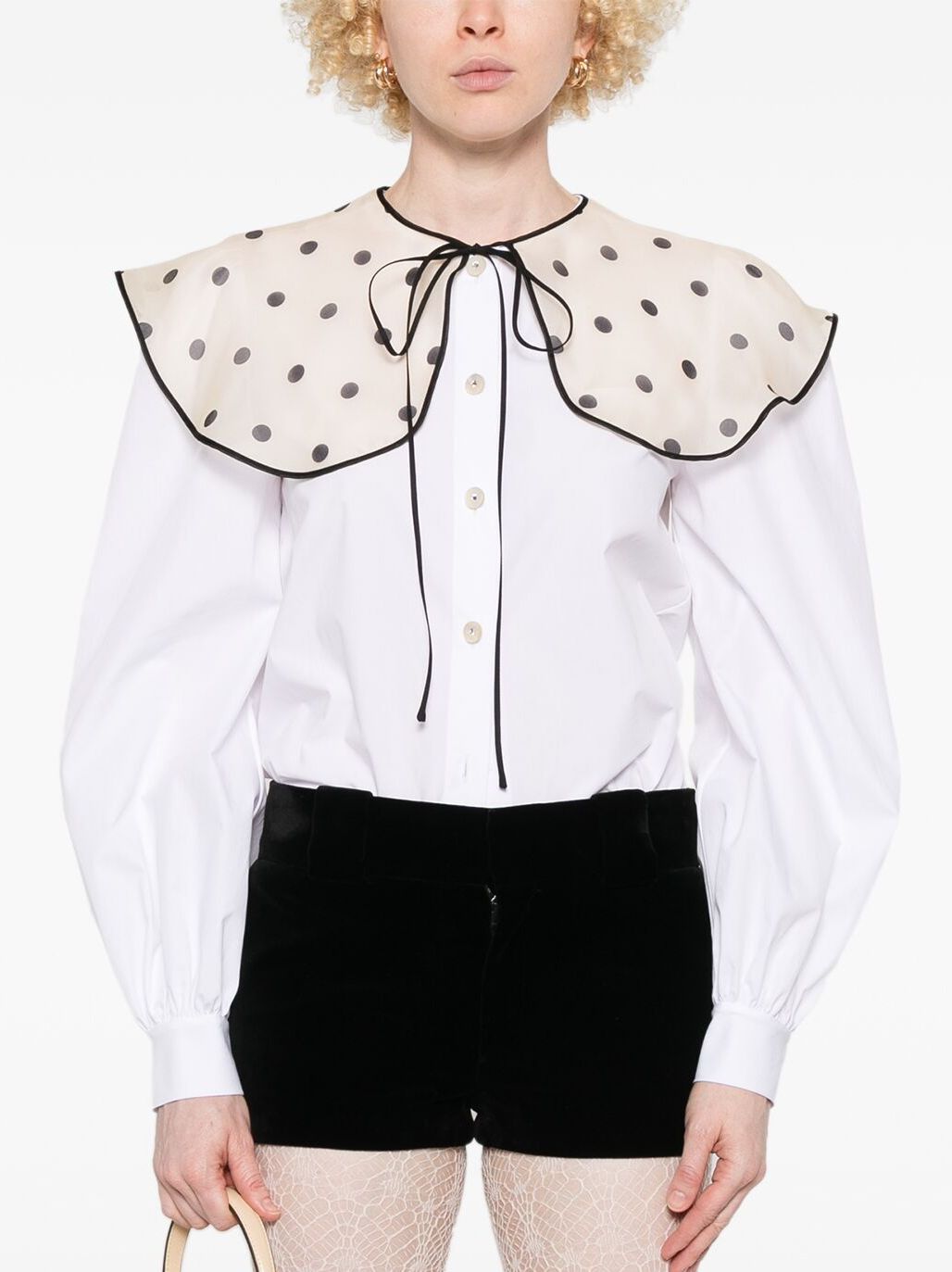 Polka-Dot Bib-Collar White Cotton Shirt - Tops