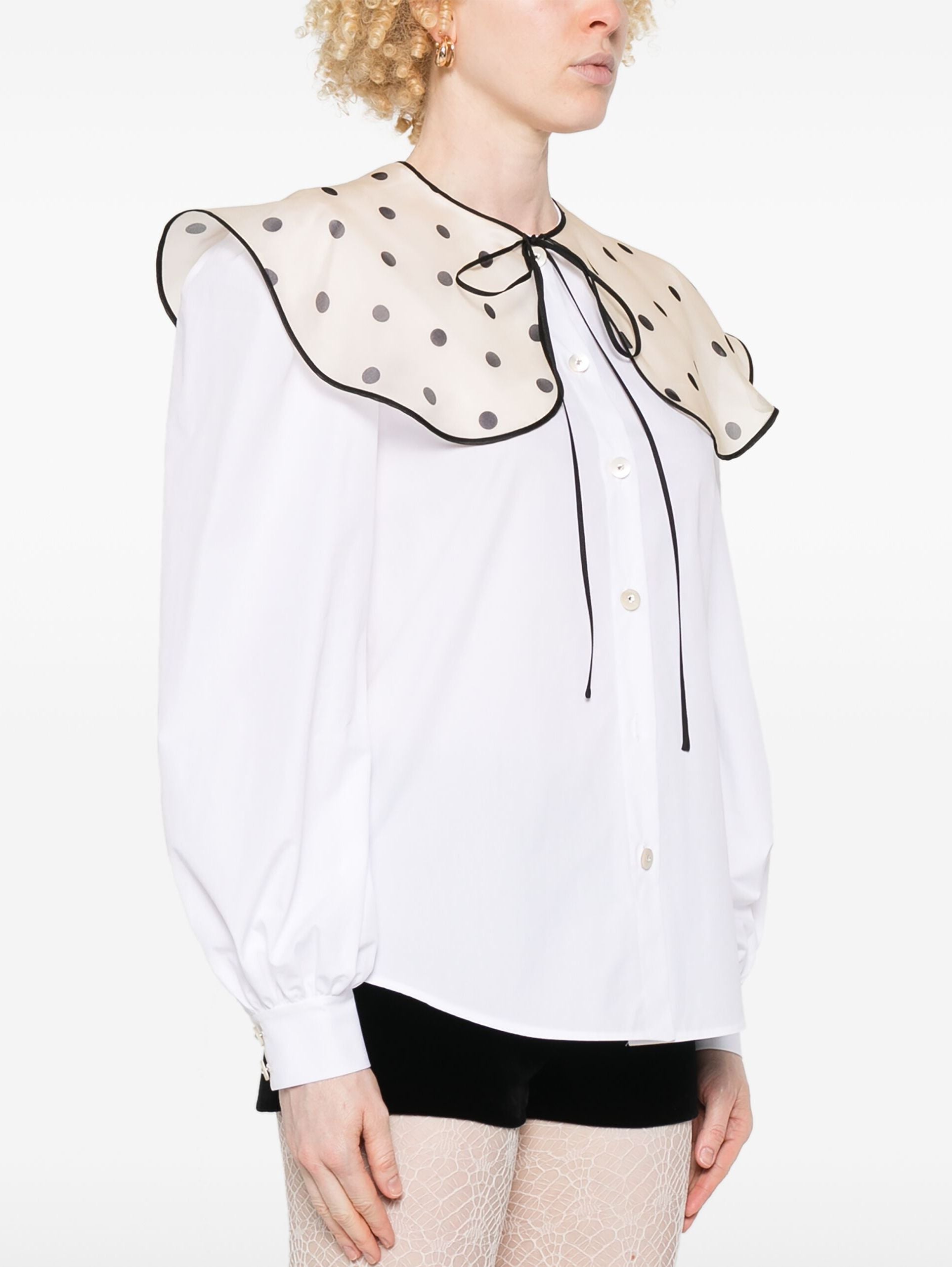 Polka-Dot Bib-Collar White Cotton Shirt - Tops