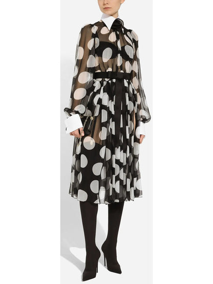 Polka-Dot Chiffon Calf-Length Dress with Piqué Details - Dresses