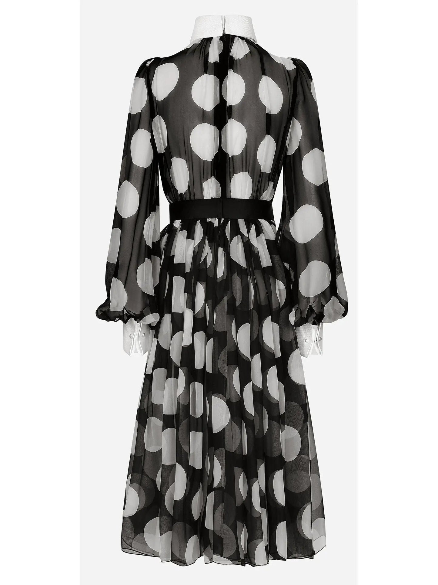 Polka-Dot Chiffon Calf-Length Dress with Piqué Details - Dresses