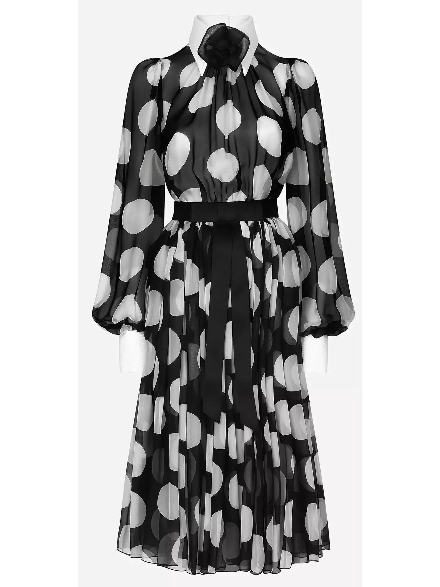 Polka-Dot Chiffon Calf-Length Dress with Piqué Details - Dresses