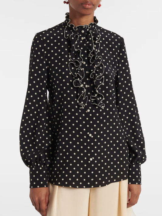Polka-Dot Print Ruffle Silk Blouse - Tops