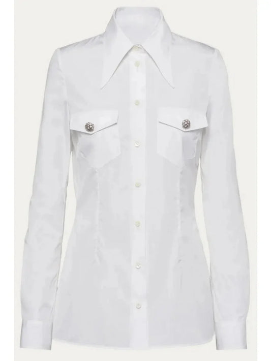 Poplin Long-Sleeve Top with Crystal Buttons - Tops